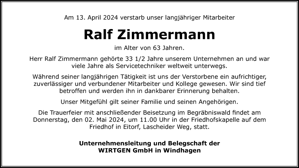  Traueranzeige für Ralf Zimmermann vom 25.04.2024 aus Kölner Stadt-Anzeiger / Kölnische Rundschau / Express