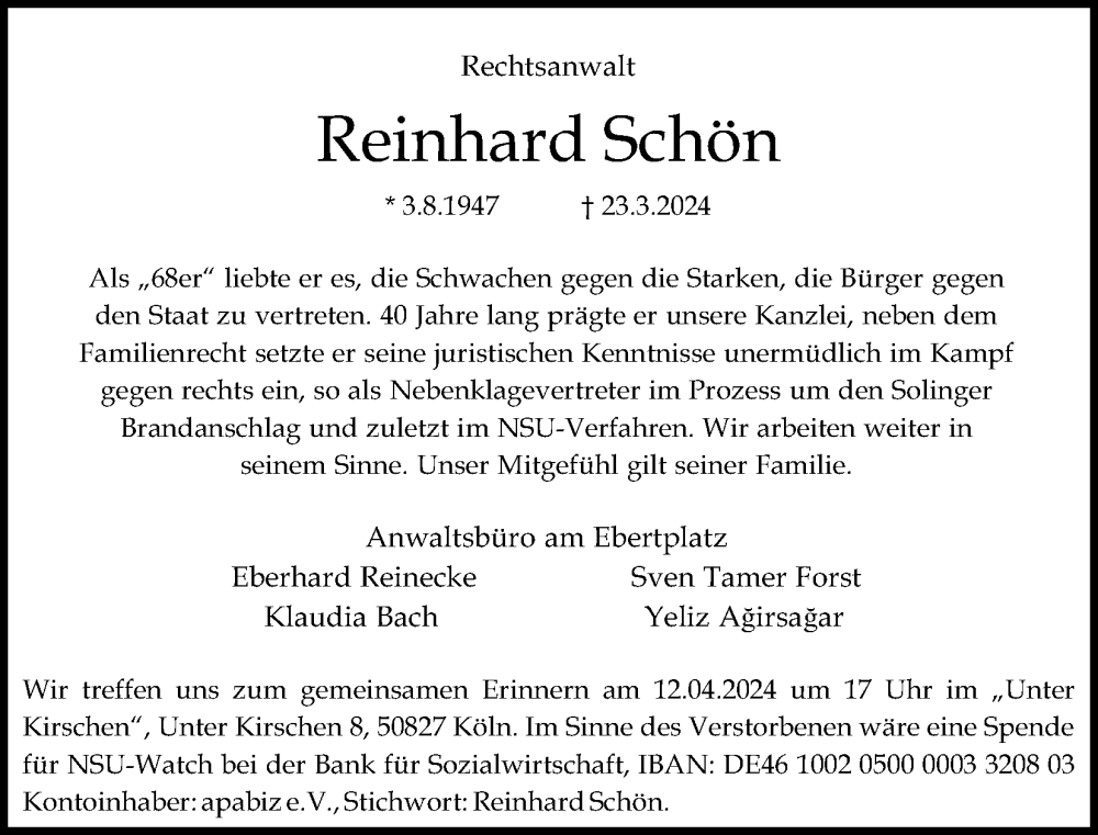  Traueranzeige für Reinhard Rudolf Schön vom 06.04.2024 aus Kölner Stadt-Anzeiger / Kölnische Rundschau / Express