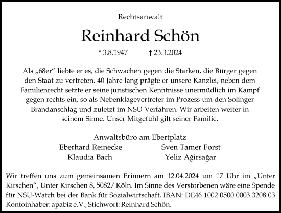 Anzeige von Reinhard Rudolf Schön von Kölner Stadt-Anzeiger / Kölnische Rundschau / Express