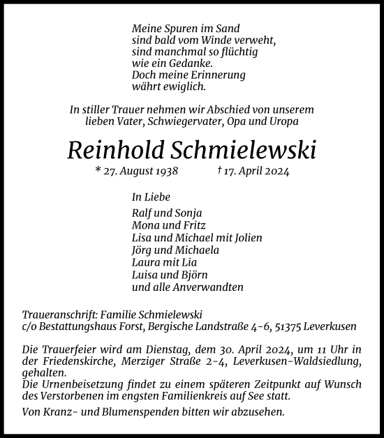 Anzeige von Reinhold Schmielewski von Kölner Stadt-Anzeiger / Kölnische Rundschau / Express