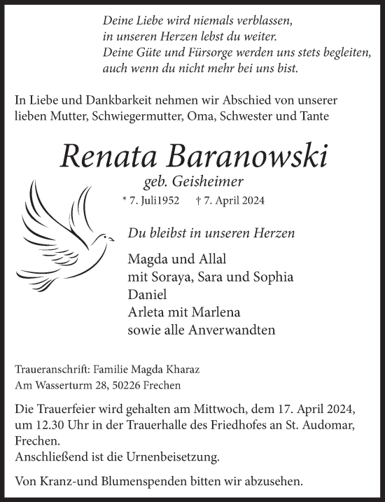 Anzeige von Renata Baranowski von  Wochenende 