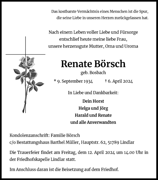 Anzeige von Renate Börsch von Kölner Stadt-Anzeiger / Kölnische Rundschau / Express