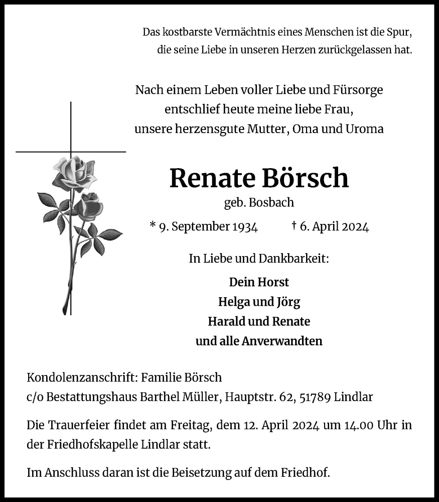  Traueranzeige für Renate Börsch vom 10.04.2024 aus Kölner Stadt-Anzeiger / Kölnische Rundschau / Express