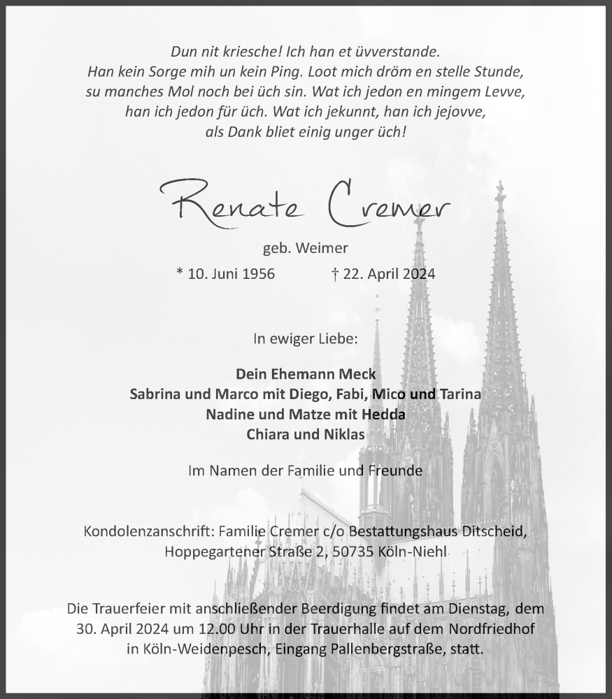  Traueranzeige für Renate Cremer vom 27.04.2024 aus Kölner Stadt-Anzeiger / Kölnische Rundschau / Express