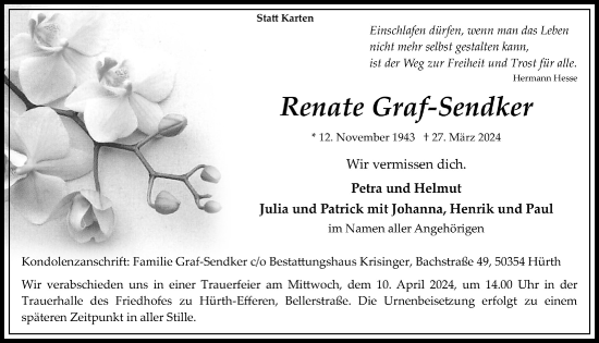 Anzeige von Renate Graf-Sendker von  Wochenende 