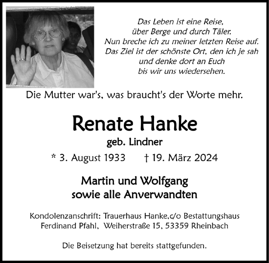 Anzeige von Renate Hanke von  Schaufenster/Blickpunkt 