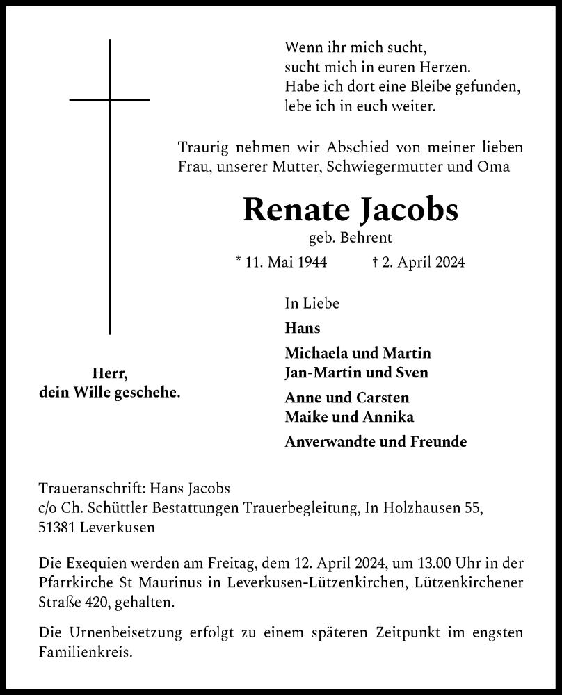  Traueranzeige für Renate Jacobs vom 06.04.2024 aus Kölner Stadt-Anzeiger / Kölnische Rundschau / Express