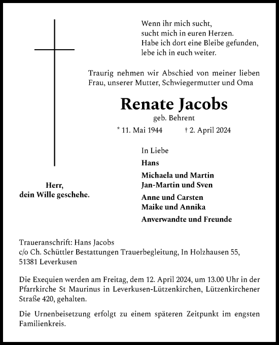 Anzeige von Renate Jacobs von Kölner Stadt-Anzeiger / Kölnische Rundschau / Express