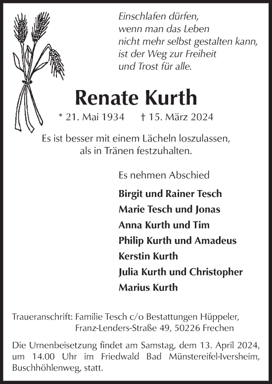 Anzeige von Renate Kurth von  Wochenende 