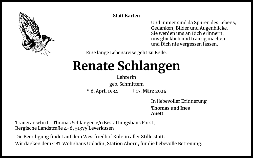  Traueranzeige für Renate Schlangen vom 30.03.2024 aus Kölner Stadt-Anzeiger / Kölnische Rundschau / Express