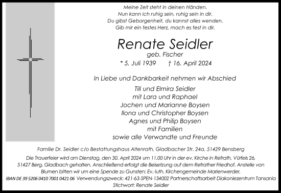 Anzeige von Renate Seidler von Kölner Stadt-Anzeiger / Kölnische Rundschau / Express
