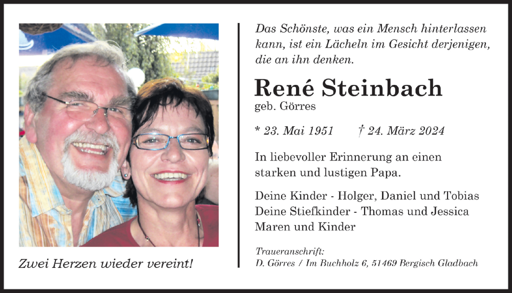  Traueranzeige für René Steinbach vom 05.04.2024 aus  Bergisches Handelsblatt 