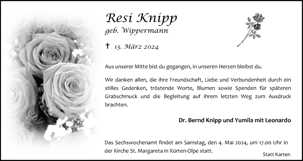  Traueranzeige für Resi Knipp vom 27.04.2024 aus Kölner Stadt-Anzeiger / Kölnische Rundschau / Express