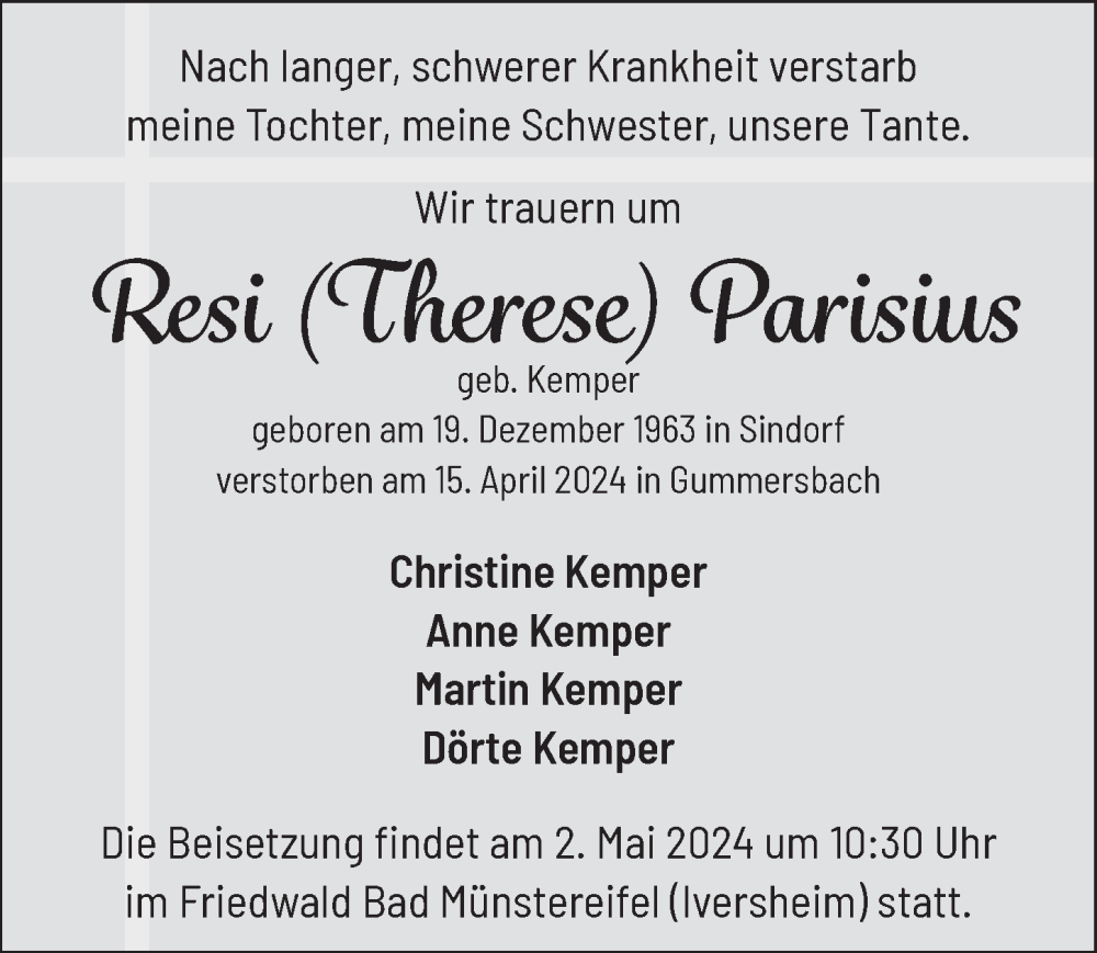  Traueranzeige für Resi Parisius vom 26.04.2024 aus  Werbepost 