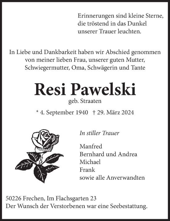 Anzeige von Resi Pawelski von  Wochenende 