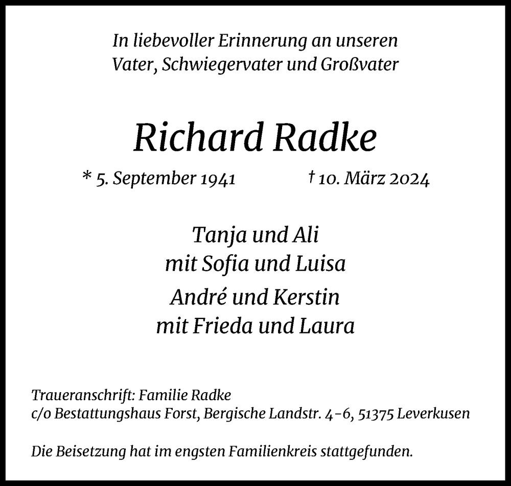  Traueranzeige für Richard Radke vom 30.03.2024 aus Kölner Stadt-Anzeiger / Kölnische Rundschau / Express