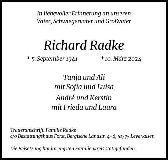Anzeige von Richard Radke von Kölner Stadt-Anzeiger / Kölnische Rundschau / Express