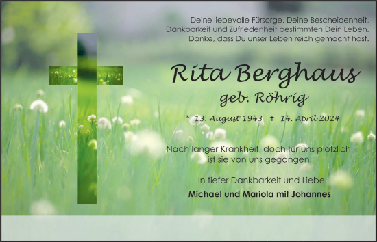Anzeige von Rita Berghaus von  Bergisches Handelsblatt 