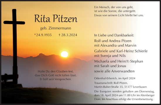 Anzeige von Rita Pitzen von Kölner Stadt-Anzeiger / Kölnische Rundschau / Express