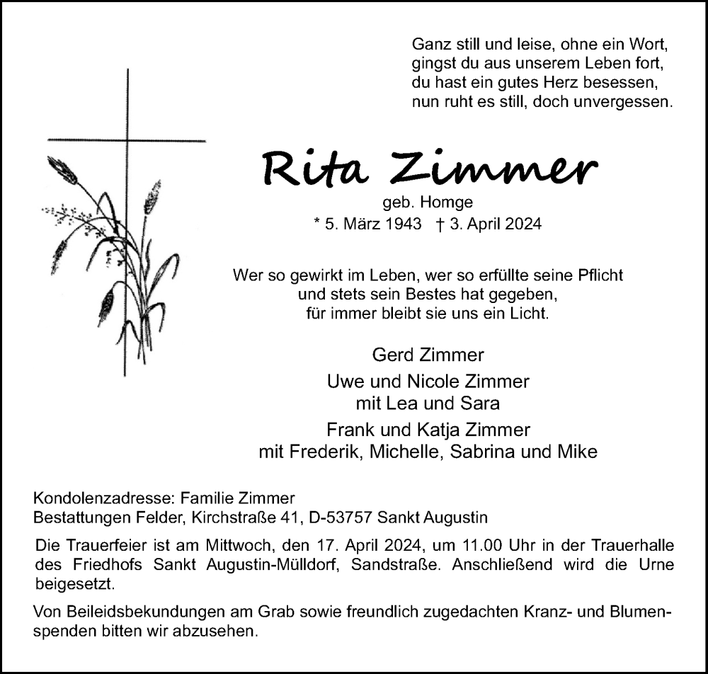  Traueranzeige für Rita Zimmer vom 13.04.2024 aus Kölner Stadt-Anzeiger / Kölnische Rundschau / Express