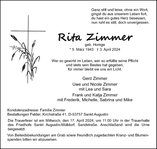 Anzeige von Rita Zimmer von Kölner Stadt-Anzeiger / Kölnische Rundschau / Express