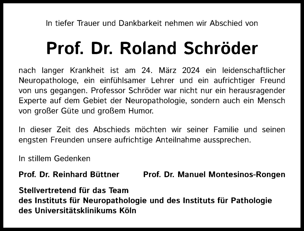  Traueranzeige für Roland Schröder vom 13.04.2024 aus Kölner Stadt-Anzeiger / Kölnische Rundschau / Express