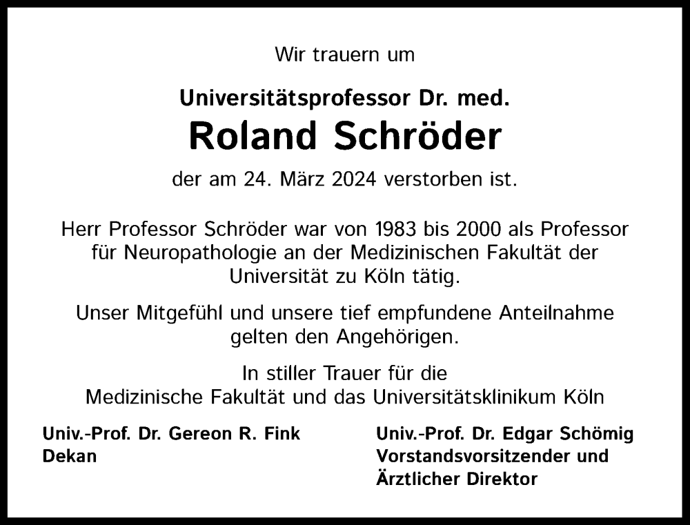  Traueranzeige für Roland Schröder vom 13.04.2024 aus Kölner Stadt-Anzeiger / Kölnische Rundschau / Express