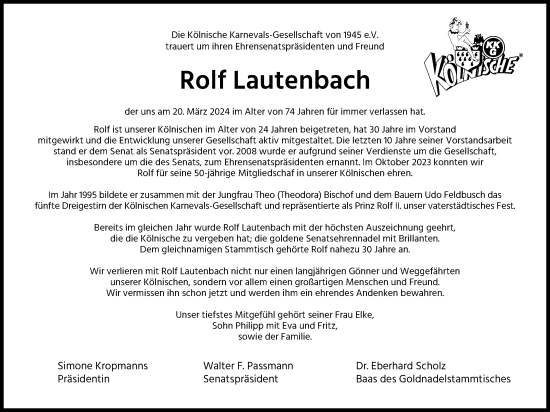 Anzeige von Rolf Lautenbach von Kölner Stadt-Anzeiger / Kölnische Rundschau / Express