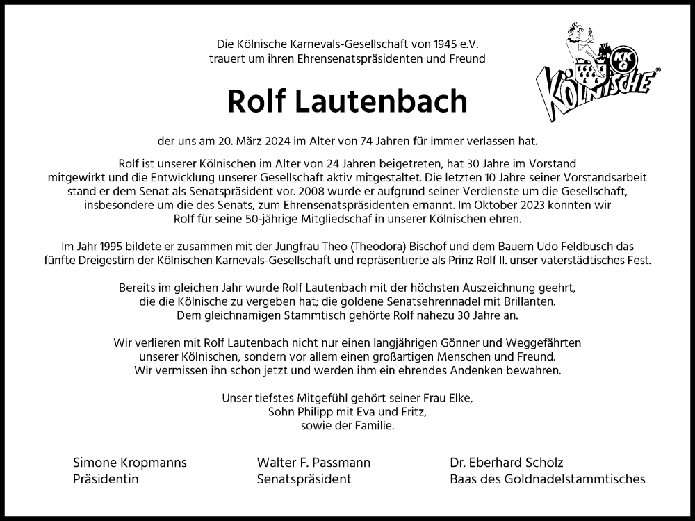  Traueranzeige für Rolf Lautenbach vom 06.04.2024 aus Kölner Stadt-Anzeiger / Kölnische Rundschau / Express