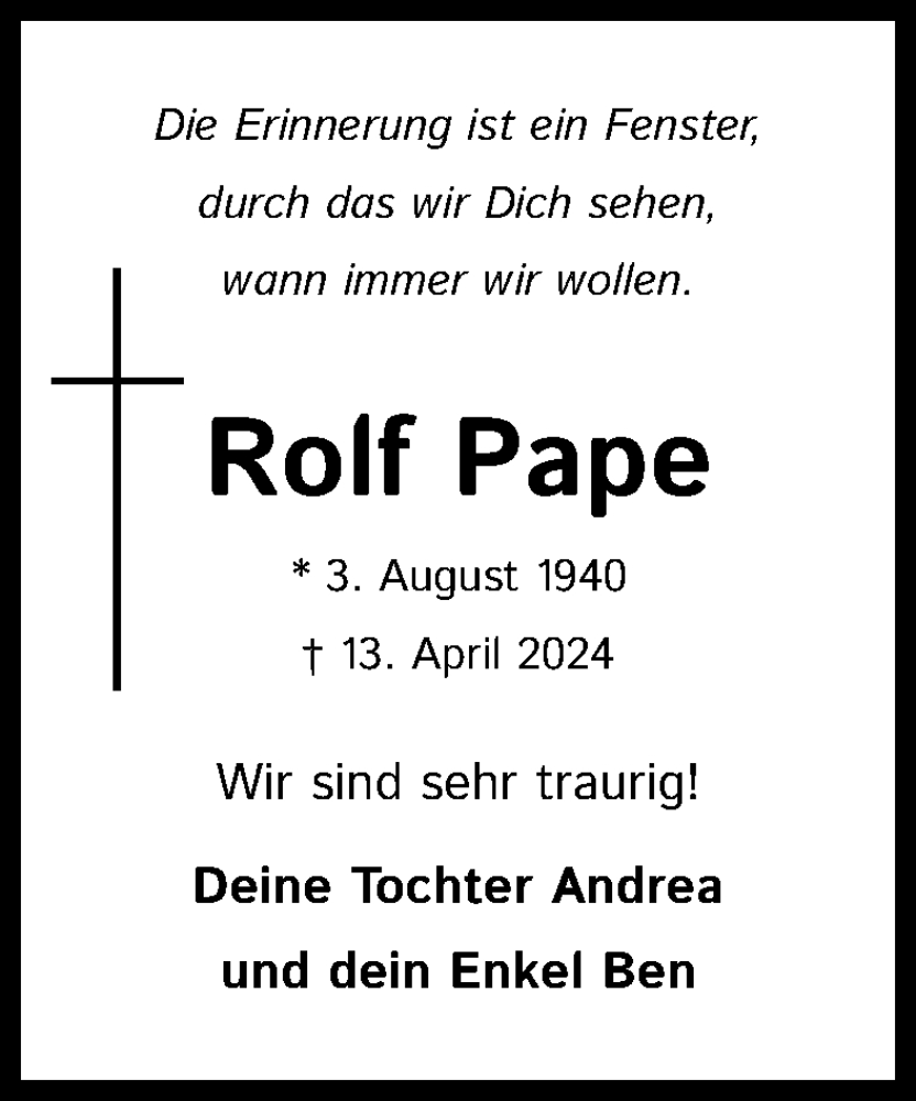  Traueranzeige für Rolf Pape vom 27.04.2024 aus Kölner Stadt-Anzeiger / Kölnische Rundschau / Express