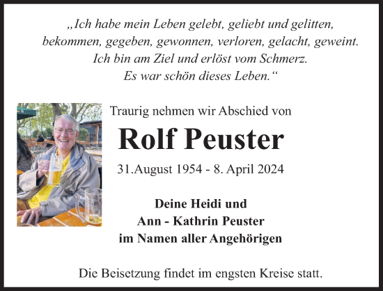 Anzeige von Rolf Peuster von Kölner Stadt-Anzeiger / Kölnische Rundschau / Express