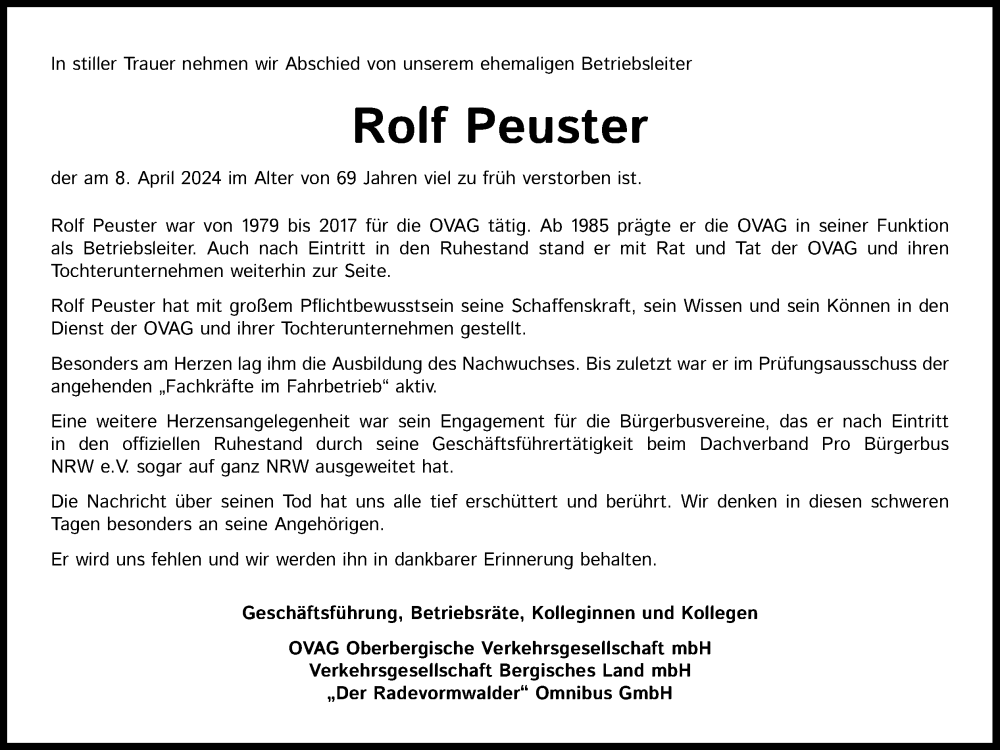  Traueranzeige für Rolf Peuster vom 18.04.2024 aus Kölner Stadt-Anzeiger / Kölnische Rundschau / Express