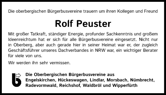 Anzeige von Rolf Peuster von Kölner Stadt-Anzeiger / Kölnische Rundschau / Express