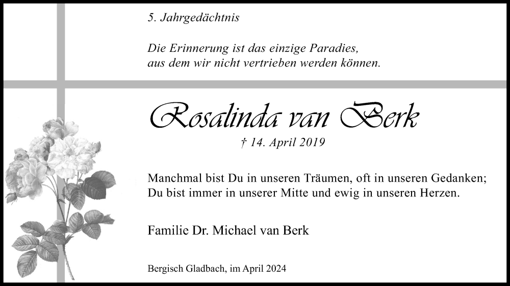  Traueranzeige für Rosalinda van Berk vom 18.07.2023 aus Kölner Stadt-Anzeiger / Kölnische Rundschau / Express