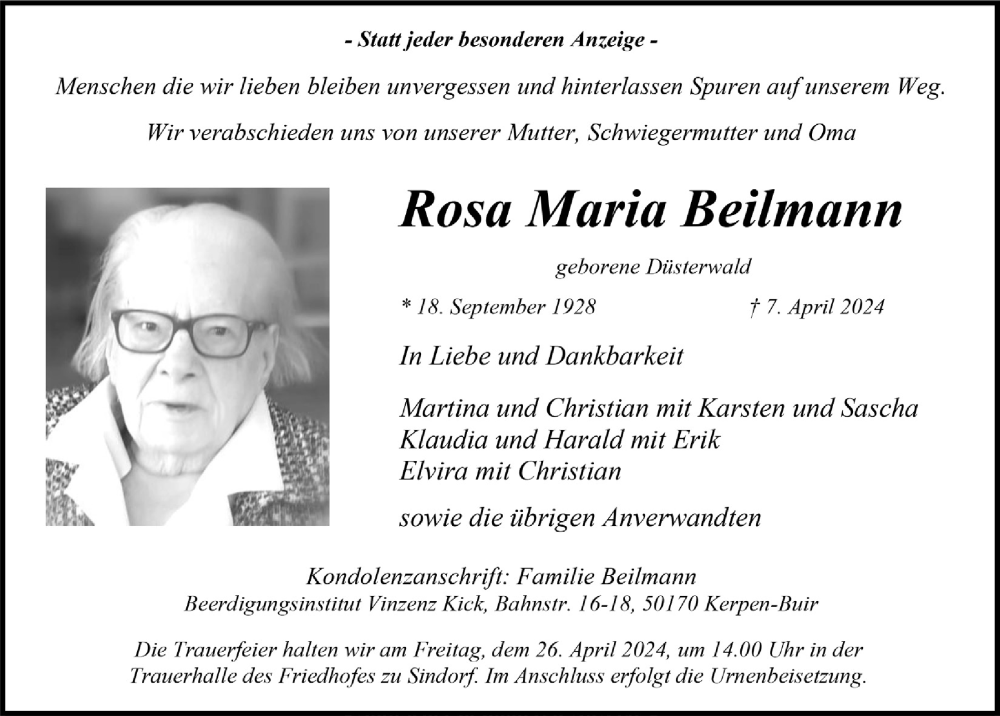  Traueranzeige für Rosa Maria Beilmann vom 19.04.2024 aus  Werbepost 