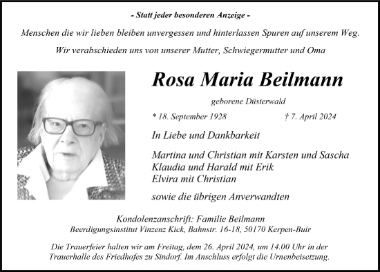 Anzeige von Rosa Maria Beilmann von  Werbepost 