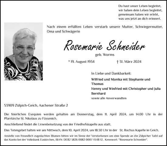 Anzeige von Rosemarie Schneider von Kölner Stadt-Anzeiger / Kölnische Rundschau / Express