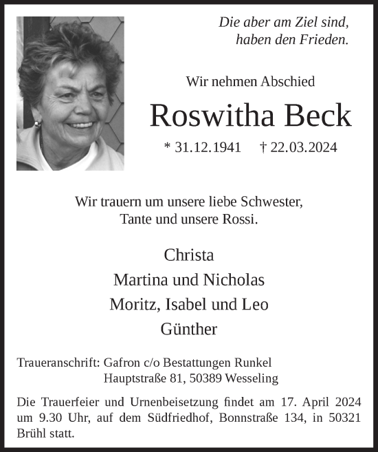 Anzeige von Roswitha Beck von  Schlossbote/Werbekurier 