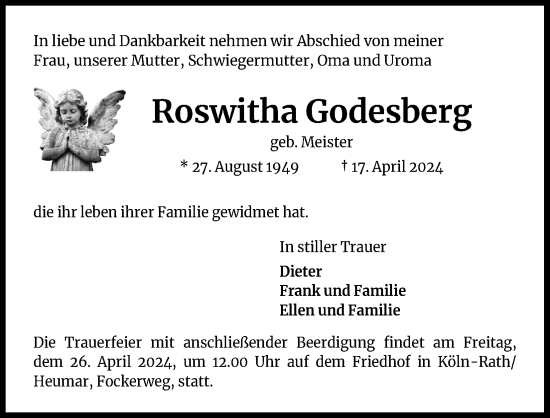 Anzeige von Roswitha Godesberg von Kölner Stadt-Anzeiger / Kölnische Rundschau / Express