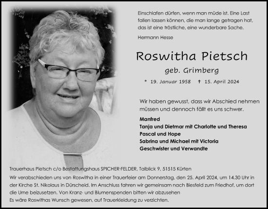 Anzeige von Roswitha Pietsch von Kölner Stadt-Anzeiger / Kölnische Rundschau / Express