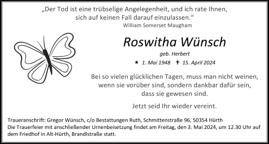 Anzeige von Roswitha Wünsch von  Wochenende 