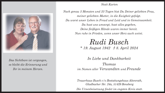 Anzeige von Rudi Busch von Kölner Stadt-Anzeiger / Kölnische Rundschau / Express