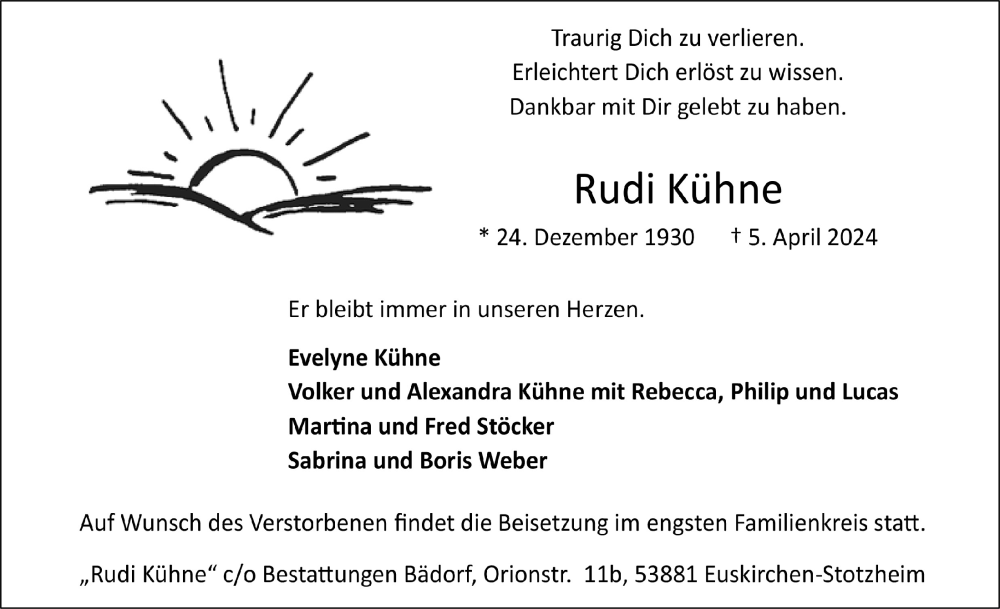  Traueranzeige für Rudi Kühne vom 13.04.2024 aus  Blickpunkt Euskirchen 