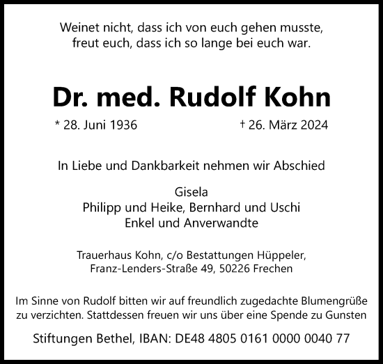 Anzeige von Rudolf Kohn von Kölner Stadt-Anzeiger / Kölnische Rundschau / Express