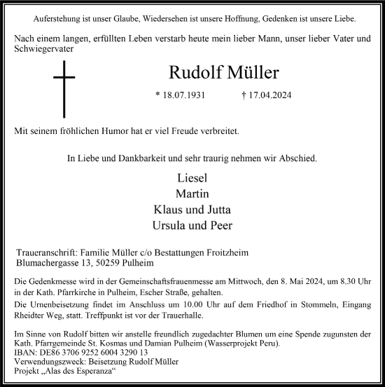 Anzeige von Rudolf Müller von  Wochenende 