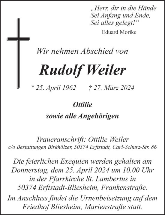 Anzeige von Rudolf Weiler von  Werbepost 