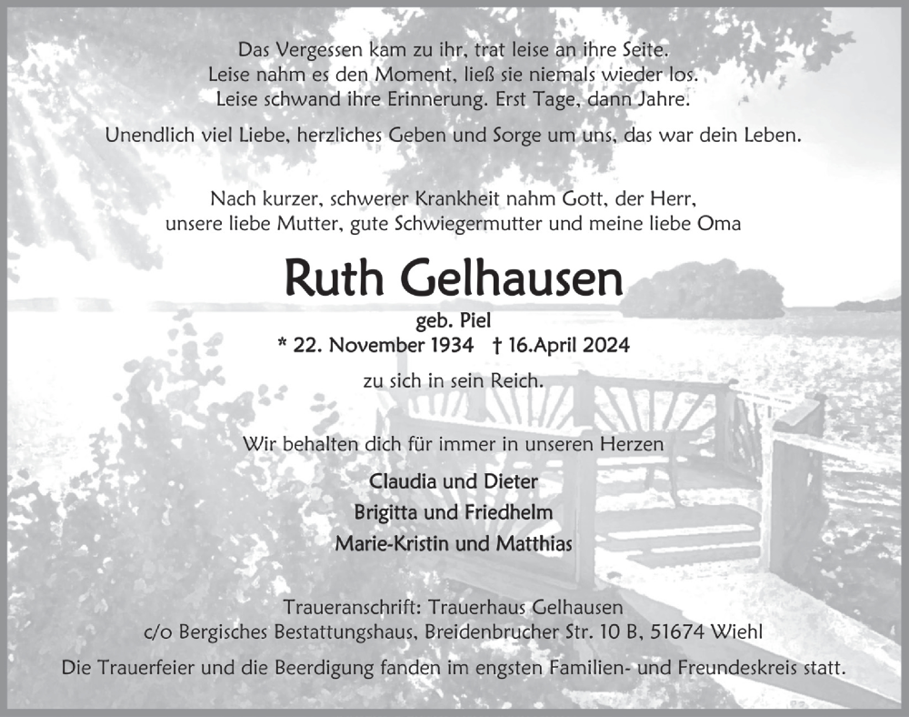  Traueranzeige für Ruth Gelhausen vom 26.04.2024 aus  Anzeigen Echo 