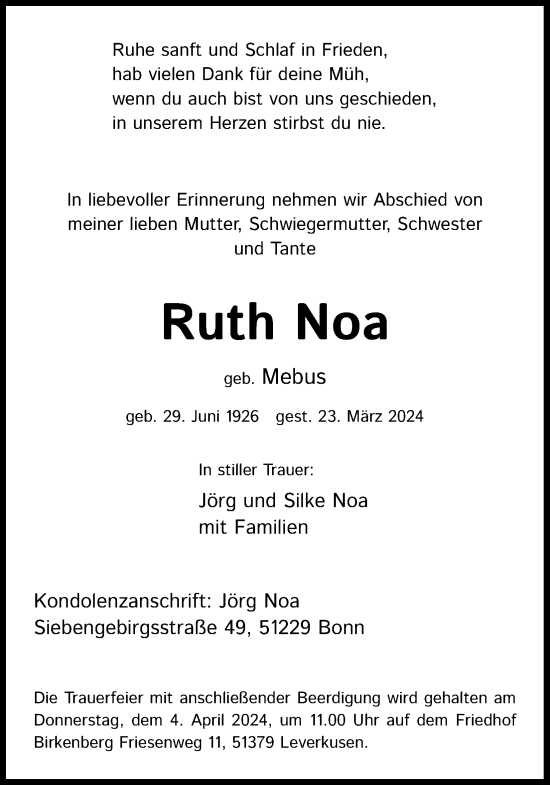 Anzeige von Ruth Noa von Kölner Stadt-Anzeiger / Kölnische Rundschau / Express