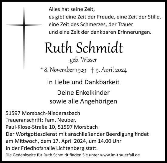 Anzeige von Ruth Schmidt von  Lokalanzeiger 