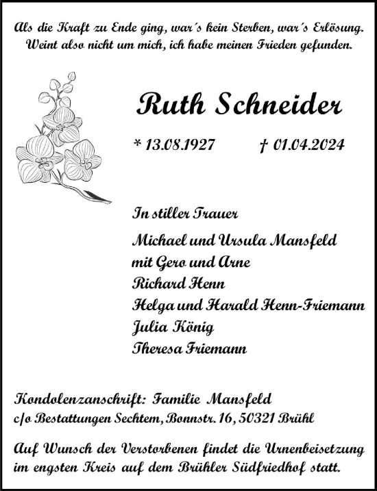 Anzeige von Ruth Schneider von  Schlossbote/Werbekurier 